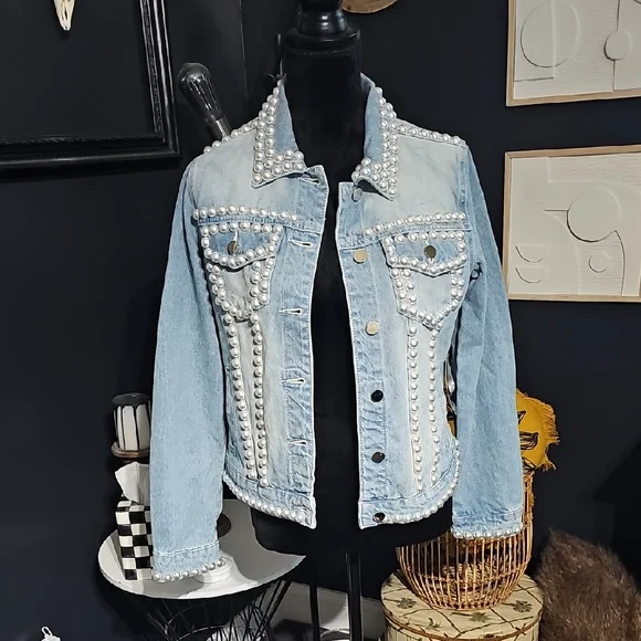 Pearl Embellished Denim Jacket - Picture 1 of 11